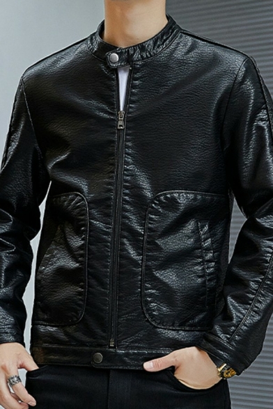Street Style Guy's Jacket Solid Color Button Designed Long Sleeves Slimming Zipper Leather Jacket
