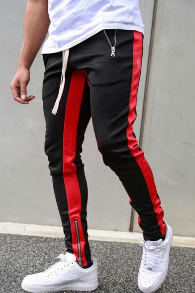 Stylish Guys Pants Contrast Color Patchwork Drawcord Waist Mid Rise Slim Pants
