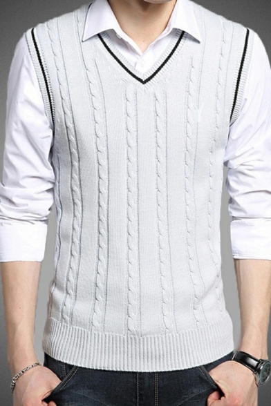 Stylish Guys Sweater Vest Color Block Trim Sleeveless V-Neck Knitted Slim Fitted Vest