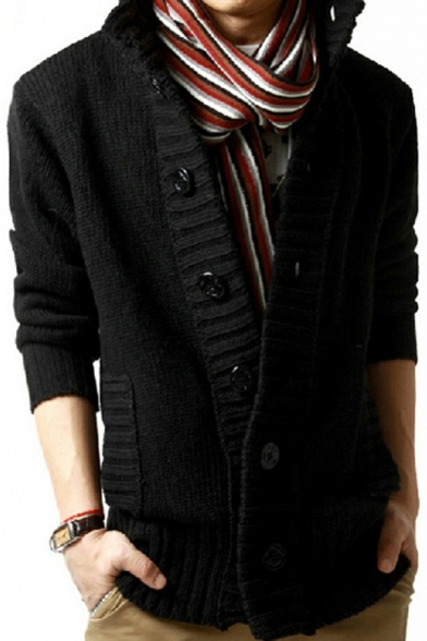 Unique Cardigan Jacquard Pattern Stand Collar Long Sleeve Regular Fitted Button Placket Cardigan for Guys