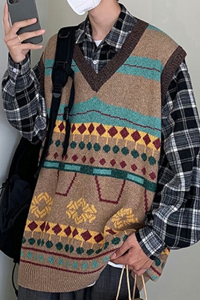 Urban Men's Knit Vest Contrast Color Rib Trim V-Neck Sleeveless Loose Fitted Knit Vest