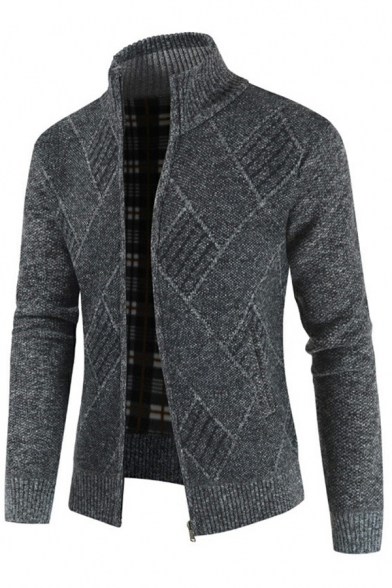 Urban Mens Knit Cardigan Plaid Printed Stand Collar Long Sleeve Zip Closure Slim Fit Cardigan