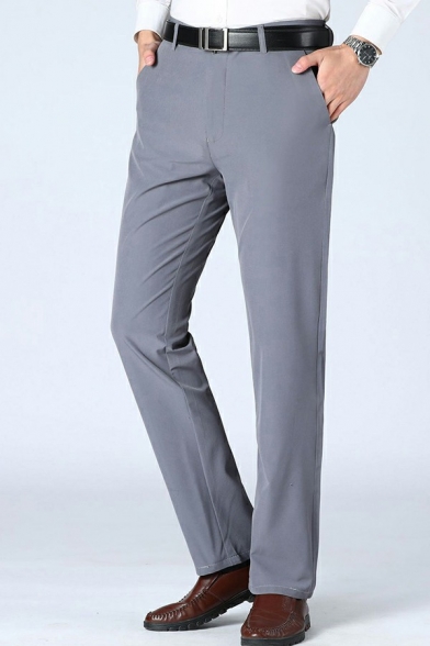 Vintage Pants Solid Pocket Detailed Full Length Mid Waist Straight Leg Zip Fly Pants for Men