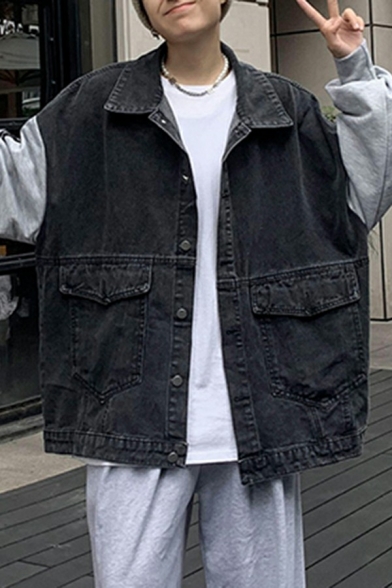 Warm Mens Jacket Color Block Single-Breasted Side Pocket Raglan Long Sleeve Baggy Denim Jacket