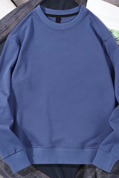 Basic Mens Sweatshirt Pure Color Crew Neck Long-Sleeve Rib Cuffs Loose Fitted Sweatshirt
