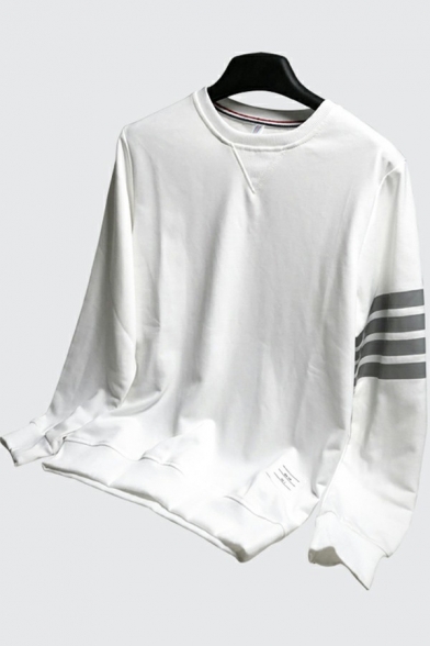 Basic Mens Sweatshirt Stripe Printed Long-Sleeved Crew Neck Rib Cuffs Loose Fit Sweatshirt