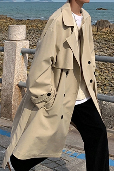 Boy's Street Look Coat Plain Long Sleeve Notched Collar Baggy Knee Length Double Breasted Trench Coat