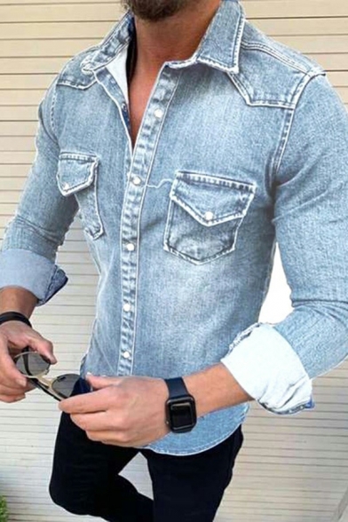 Boy's Street Look Shirt Plain Flap Pocket Long Sleeves Lapel Collar Slim Button Down Denim Shirt