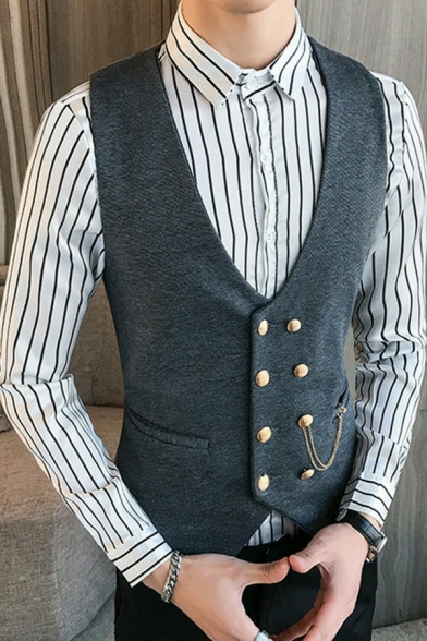 Casual Guys Vest Pure Color V-Neck Sleeveless Button Closure Pockets Detail Slim Fit Vest