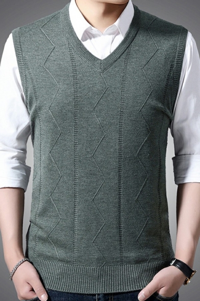 Casual Knit Vest Pure Color Rib-Knitted V-Neck Sleeveless Slim Fitted Knit Vest for Men