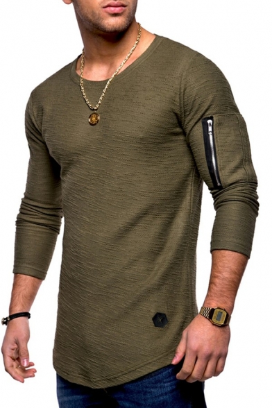 Classic Mens Tee Top Solid Zip Detail Crew Neck Long Sleeve Fitted Tee Top