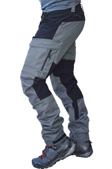 Cool Mens Pants Contrast Color Patchwork Multi-Pocket Zip Placket Fit Cargo Pants