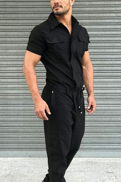 Fancy Jumpsuit Solid Color Half Zip Up Side Pocket Short Sleeve Long Length Jumpsuit