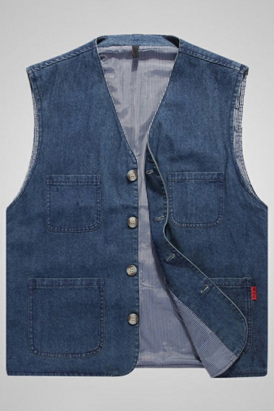 Freestyle Vest Pure Color Multi-Pockets Sleeveless V-Neck Regular Button Up Denim Vest for Boys