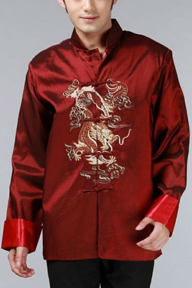 Leisure Men Jacket Gold Dragon Embroidered Horn Button Stand Collar Long Sleeve Loose Suit for Men