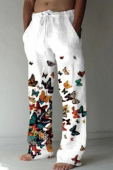 Men Chic Drawstring Pants Butterfly Printed Elastic Waist Pocket Detailed Relaxed Fitted Pants
