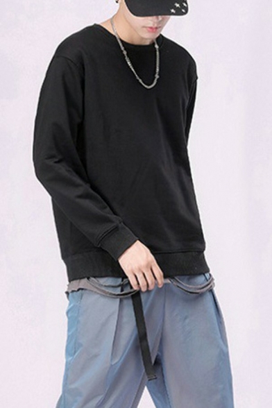 Men Chic Hoody Solid Color Round Neck Rib Cuffs Long-Sleeved Regular Fit Hoody