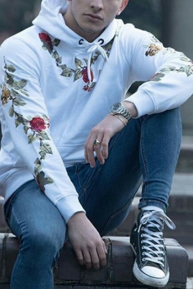 Men Dashing Hoody Floral Pattern Hooded Kanga Pocket Rib Cuffs Long-Sleeved Fitted Hoody