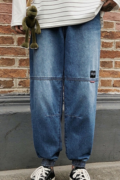 Men Trendy Denim Pants Solid Color Zip-Fly Pocket Detailed Loose Denim Pants