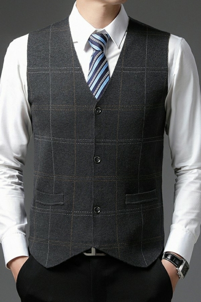 Men Unique Knit Vest Square Pattern V-Neck Single Breasted Front Pocket Fitted Knit Vest