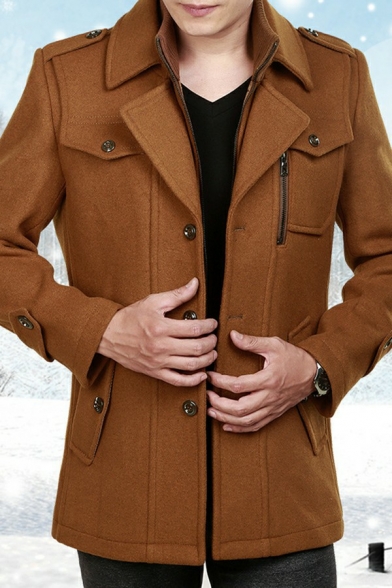 Men Vintage Coat Solid Color Pocket Decorate Button Fly Collar Long-sleeved Regular Coat