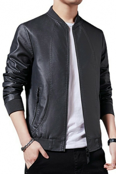 Mens Edgy Jacket Pure Color Pocket Stand Collar Relaxed Fit Long Sleeve Zip Placket Jacket