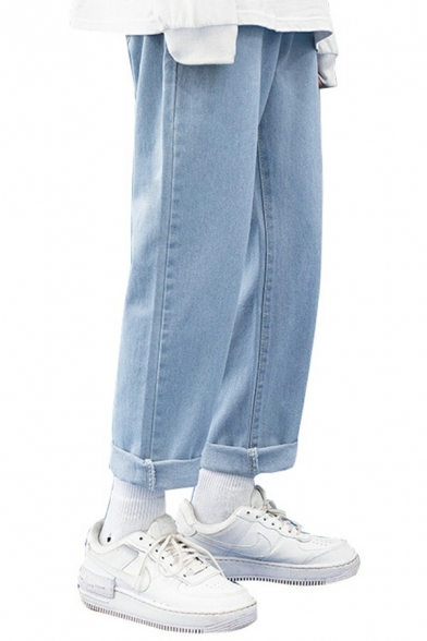 Mens Trendy Pants Whole Colored Zip Placket Relaxed Ankle-Length Straight Denim Pants