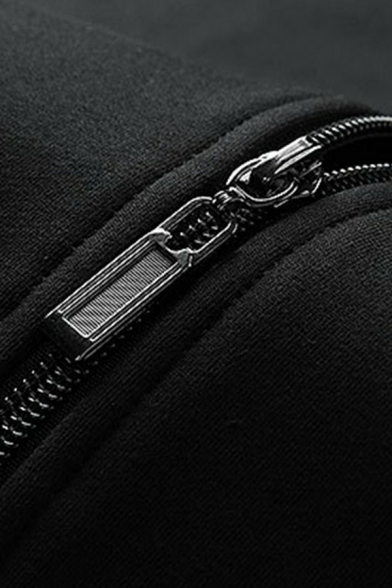 Modern Men Hoodie Arm Striped Print Front Pocket Stand Collar Long Sleeve Regular Fit Full Zipper Hoodie