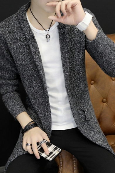 Modern Mens Knit Cardigan Plain Collarless Long-Sleeved Open-Front Slim Fitted Cardigan