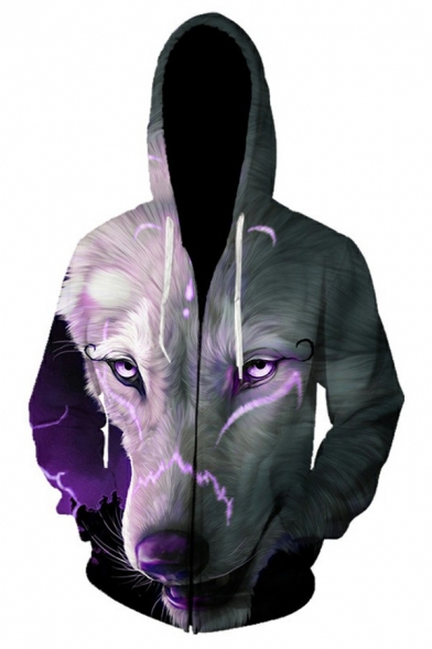 Popular Guys Hoodie 3D Wolf Print Pocket Detailed Long Sleeve Relaxed Hooded Drawstring Hoodie