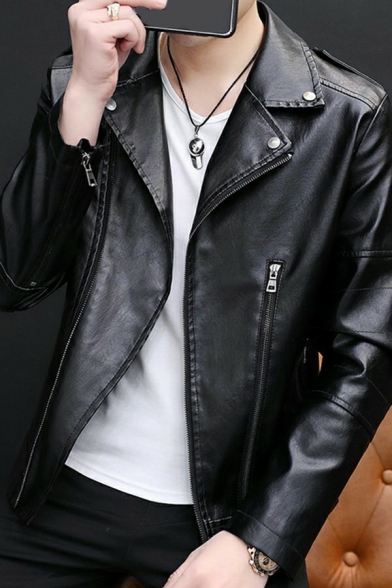 Retro Mens Jacket Solid Zipper Detailed Notched Collar Skinny Long Sleeve Zip Closure PU Jacket