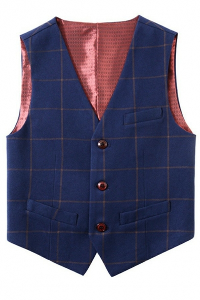 Retro Suit Vest Plaid Pattern Side Pocket V-Neck Button-up Regular Fitted Suit Vest for Guys