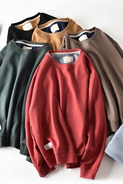 Simple Mens Sweatshirt Solid Color Long Sleeved Round Neck Rib Cuffs Loose Fit Sweatshirt