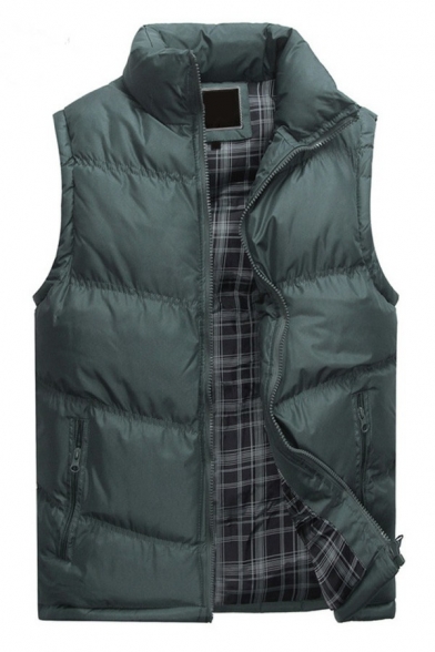 Smart Guys Vest Plain Stand Collar Padded Plaid Lined Zip Up Pocket Regular Vest