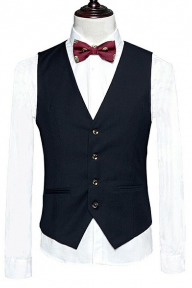 Stylish Vest Pure Color Sleeveless V-Neck Button Closure Slim Fitted Suit Vest for Men
