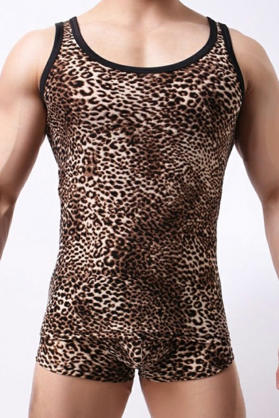 Unique Mens Tank Top Leopard Pattern Sleeveless Round Neck Slim Fit Tank Top