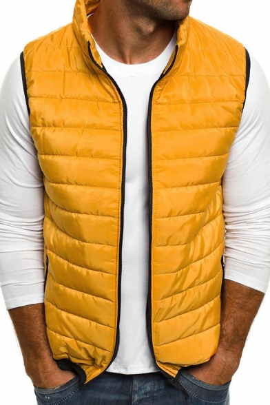 Unique Mens Vest Pure Color Sleeveless Stand Collar Regular Fitted Zip Fly Vest