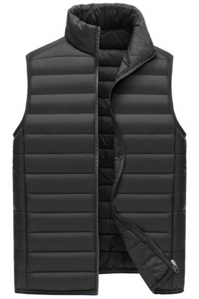 Basic Vest Pure Color Zip Closure Stand Collar Sleeveless Regular Fitted Vest for Men