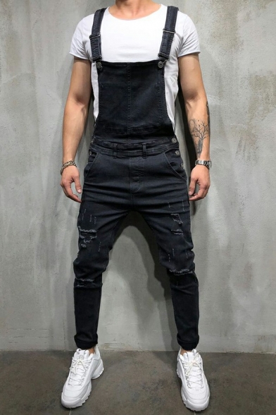 Casual Guys Overall Solid Color Distressed Washed Effect Tight-Fit Denim Overall