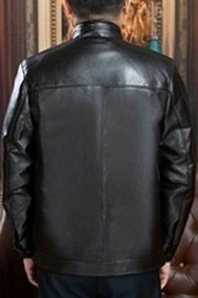 Chic Jacket Solid Color Pocket Stand Collar Regular Fitted Long Sleeves Zip Fly Leather Jacket for Men