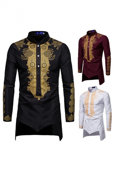 Chic Shirt Tribal Print Long-Sleeved Stand Collar Button up Regular Fitted Shirt For Men