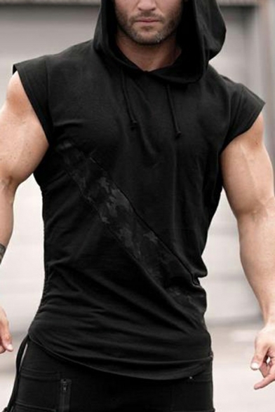 Cool Men's Hooded Sweatshirt Drawcord Contrast Color Sleeveless Regular Fit Hoodie