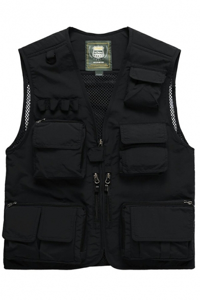 Cozy Vest Pure Color V-Neck Multi-Pockets Regular Fit Zip Closure Vest for Boys