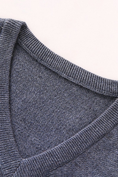 Daily Mens Knit Vest Plain Color Rib Trim V-Neck Sleeveless Slim Fitted Knit Vest