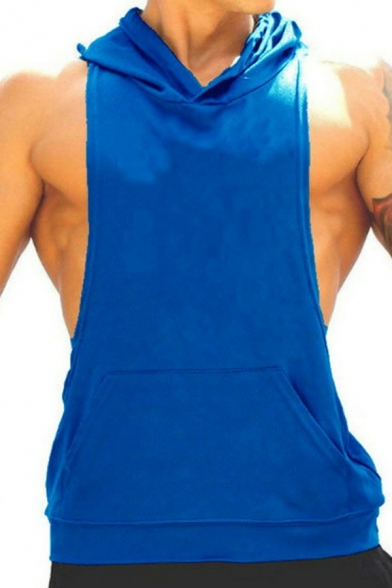 Dashing Mens Pure Color Tank Top Sleeveless Relaxed Fit Hooded Tank Top with Pocket