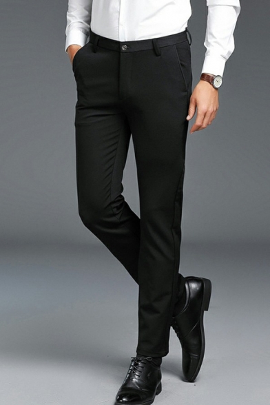 Dashing Pants Solid Color Pocket Designed Mid Rise Regular Fitted Zip Fly Pants for Men