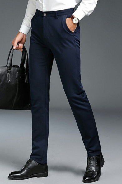 Dashing Pants Solid Color Pocket Designed Mid Rise Regular Fitted Zip Fly Pants for Men