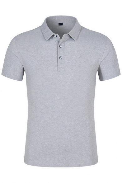 Dashing Polo Shirt Pure Color Button Detailed Lapel Collar Short Sleeve Relaxed Polo Shirt for Men