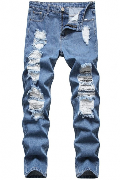 Fancy Distressed Jeans Medium Wash Zip Fly Long Length Skinny Fitted Jeans for Men