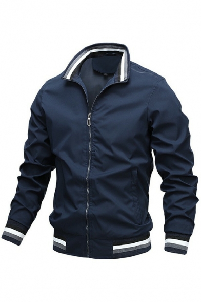 Fancy Mens Jacket Pure Color Contrast Trim Rib Hem Stand Collar Long Sleeve Regular Jacket